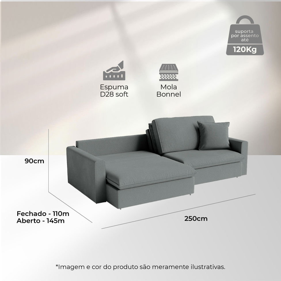 Sofá Soft Retrátil e Reclinável Bipartido em Linho Cinza 2,50m - Imagem 6