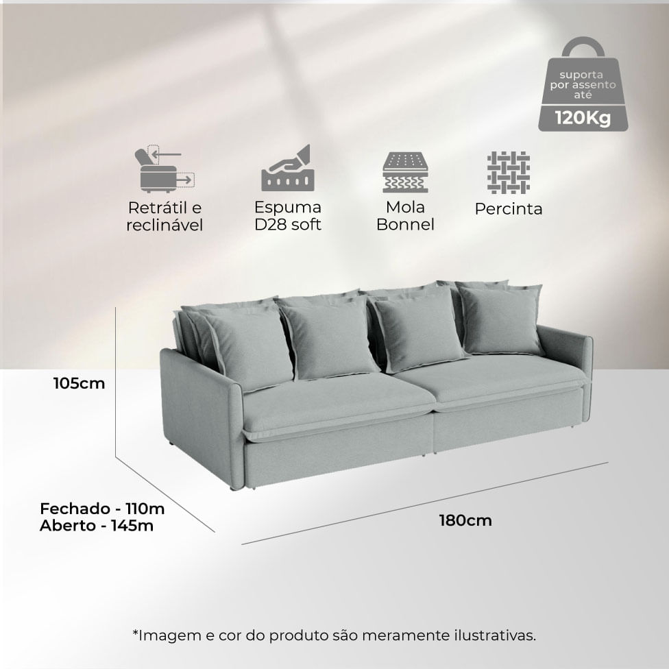 Sofá Hope Retrátil e Reclinável Bipartido em Linho Cinza Claro 1,80m - Imagem 6
