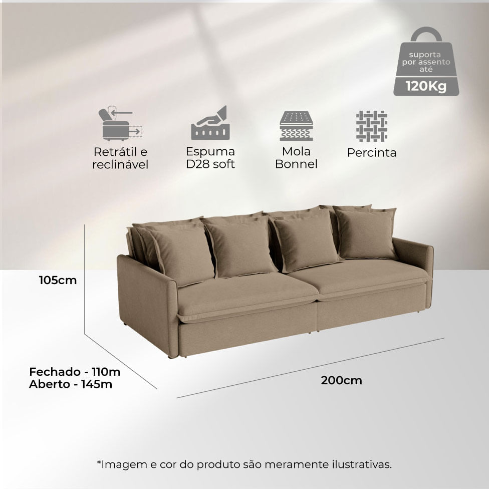 Sofá Hope Retrátil e Reclinável Bipartido em Linho Marrom Mescla 2,00m - Imagem 6