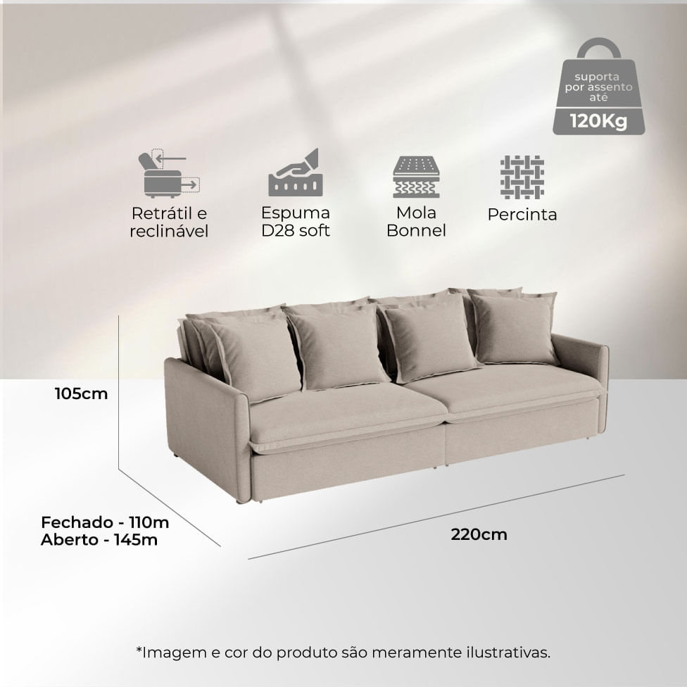 Sofá Hope Retrátil e Reclinável Bipartido em Linho Bege 2,20m - Imagem 6
