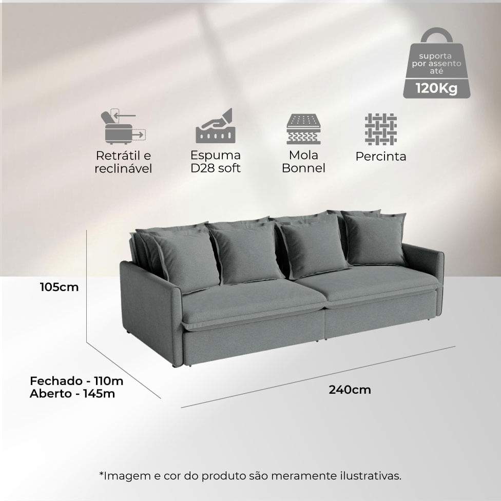 Sofá Hope Retrátil e Reclinável Bipartido em Linho Cinza 2,40m - Imagem 6