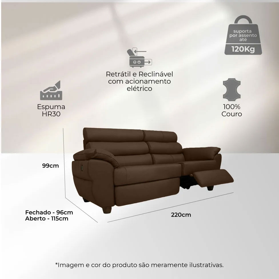 Sofá Tulsa Retrátil em Couro Café 2,22m - Imagem 5