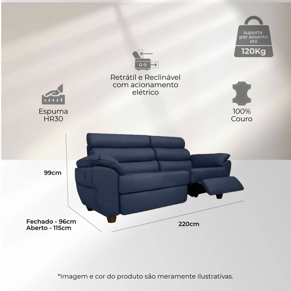 Sofá Tulsa Retrátil em Couro Azul Blue 2,22m - Imagem 5