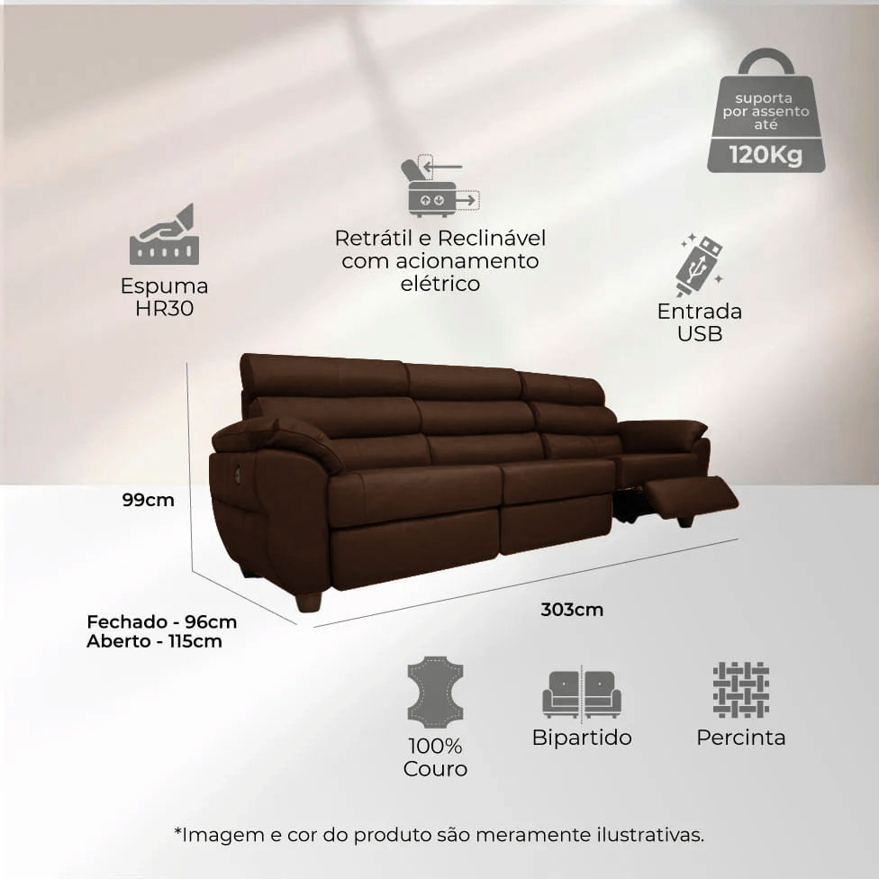 Sofá Tulsa Retrátil em Couro Marrom 3,03m - Imagem 5
