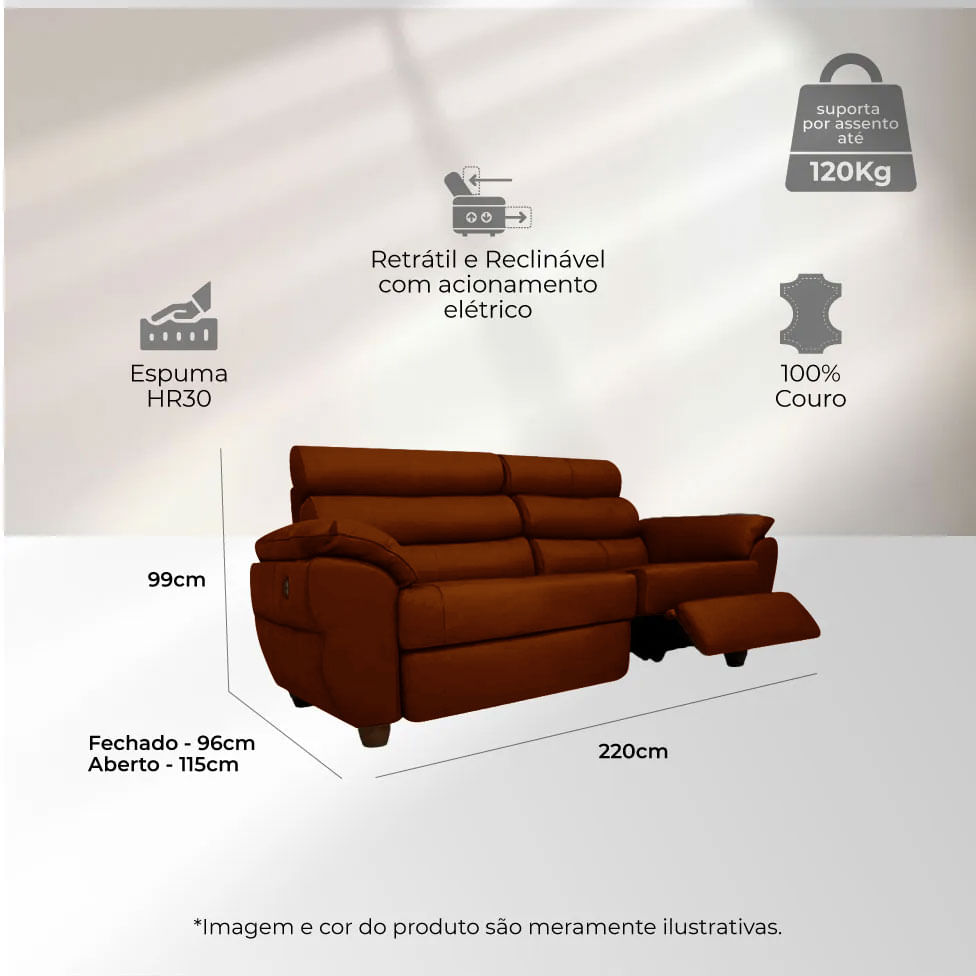 Sofá Tulsa Retrátil em Couro Conhaque 2,22m - Imagem 5