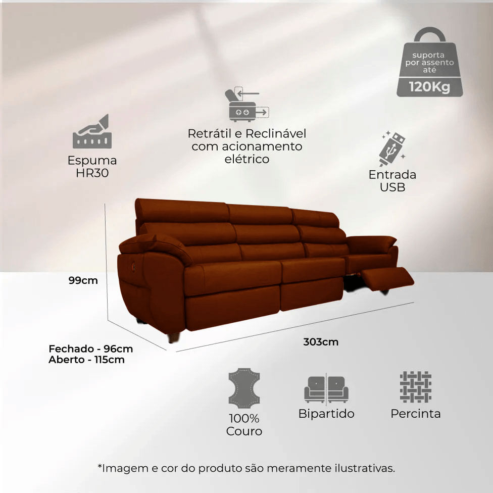 Sofá Tulsa Retrátil em Couro Conhaque 3,03m - Imagem 5