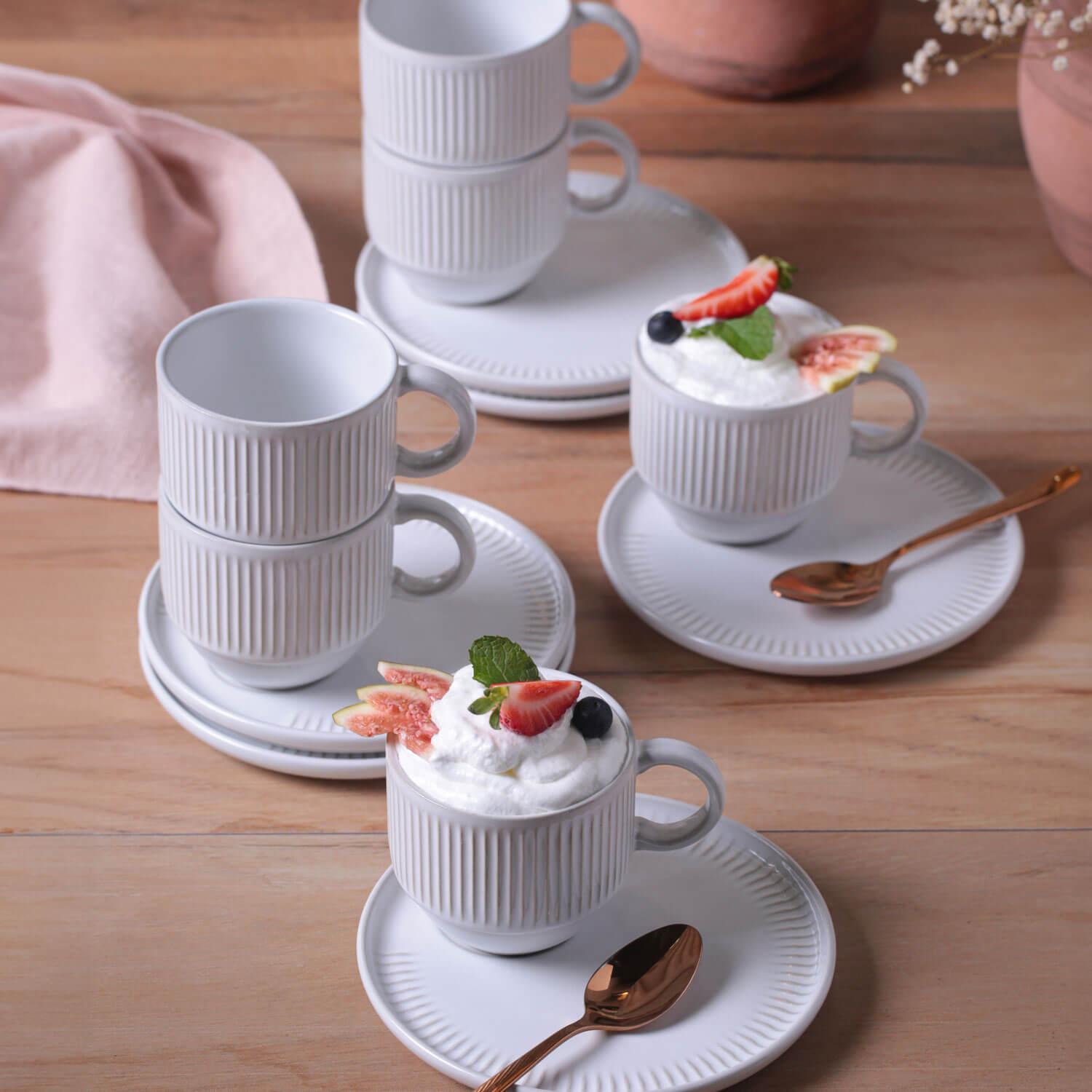 Conjunto com 6 Xícaras de Chá Empilhável com 6 Pires Linhas New White 230ml - Imagem 3