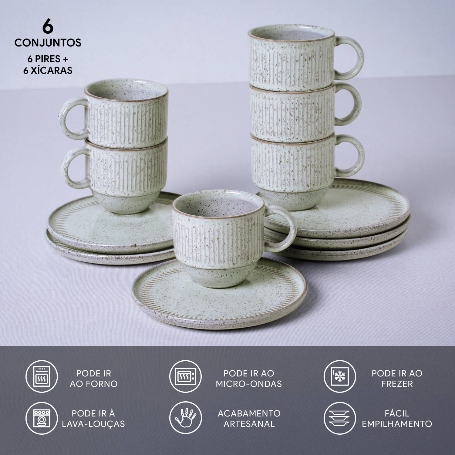 Conjunto com 6 Xícaras de Chá Empilhável com 6 Pires Linhas Pistache 230ml - Imagem 3