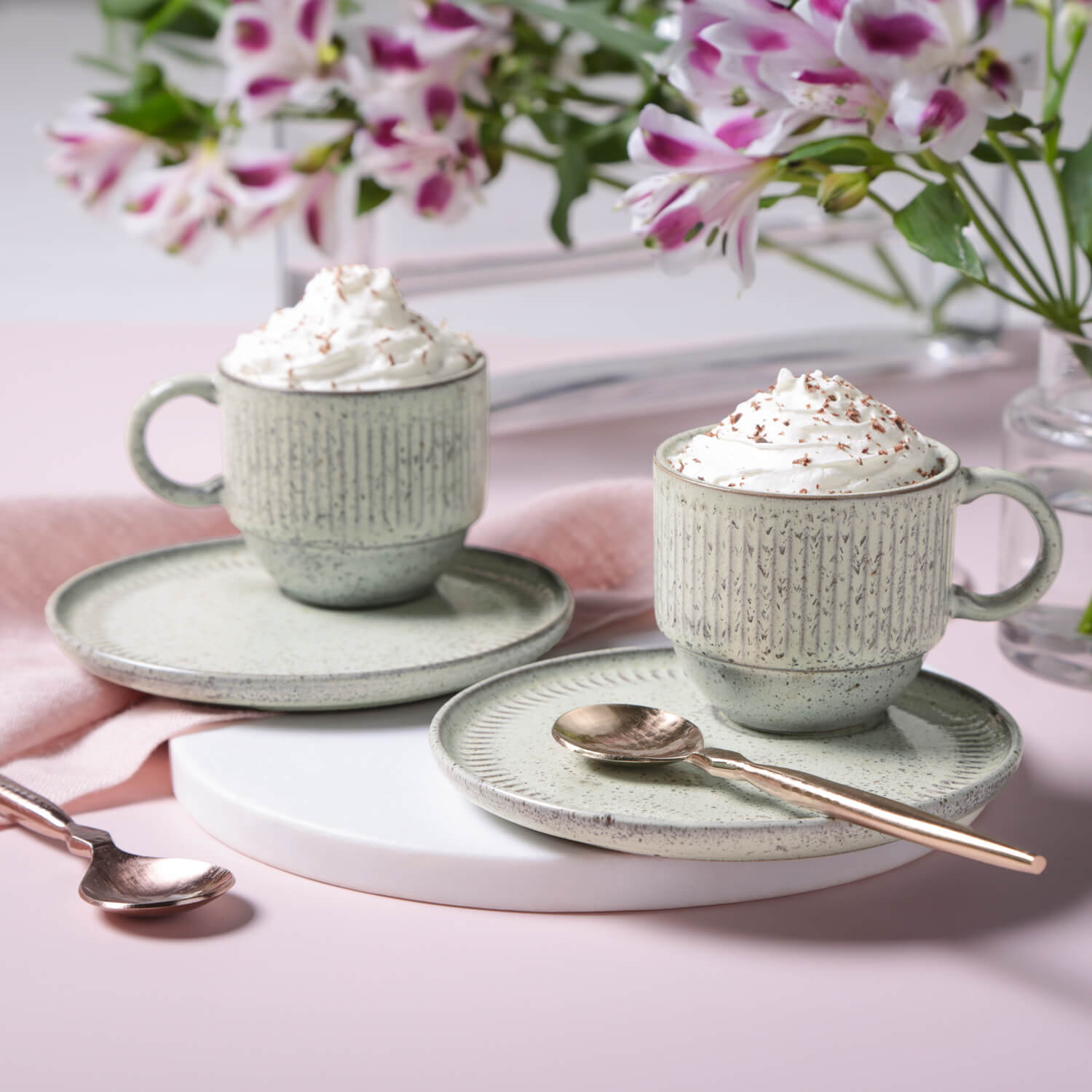 Conjunto com 6 Xícaras de Chá Empilhável com 6 Pires Linhas Pistache 230ml - Imagem 2