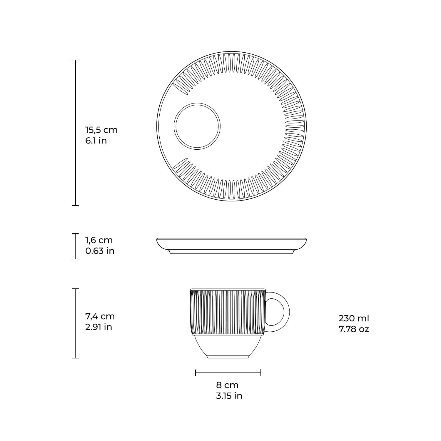 Conjunto com 6 Xícaras de Chá Empilhável com 6 Pires Linhas Latte 230ml - Imagem 6