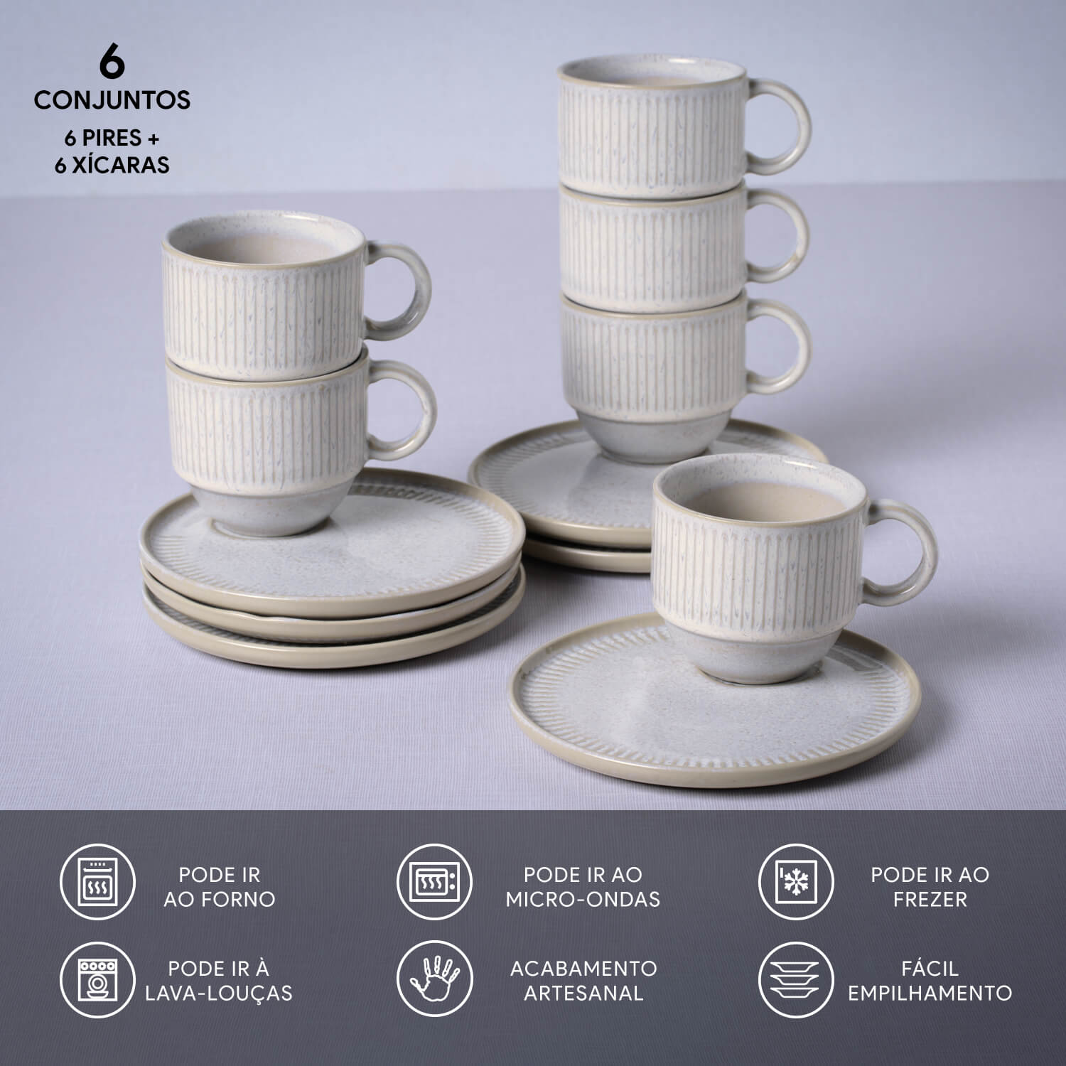 Conjunto com 6 Xícaras de Chá Empilhável com 6 Pires Linhas Latte 230ml - Imagem 3