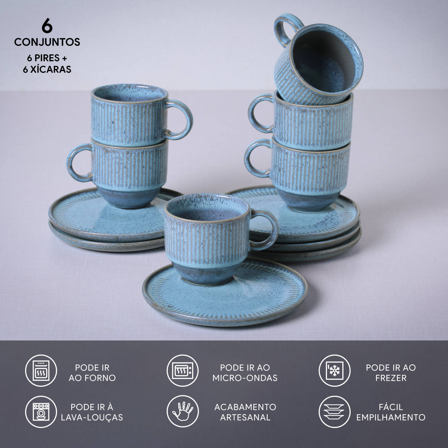Conjunto com 6 Xícaras de Chá Empilhável com 6 Pires Linhas Breeze 230ml - Imagem 3