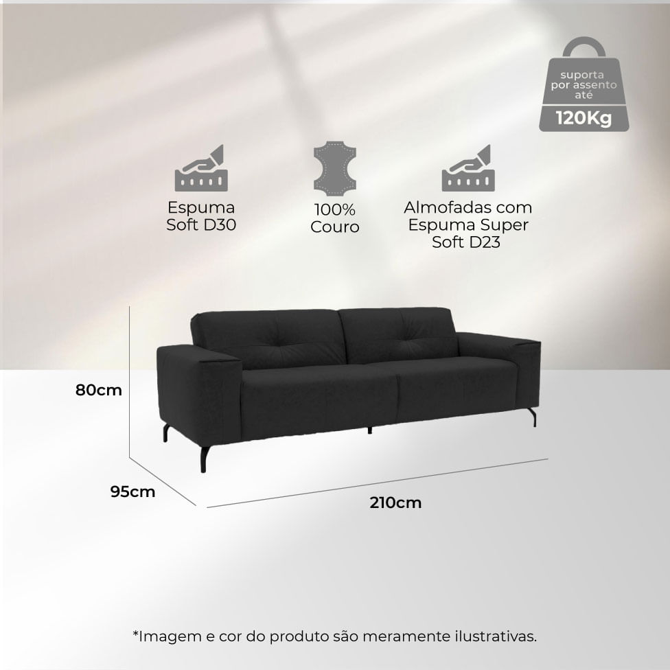 Sofá Santorini em Couro Sherwood Preto 2,10m - Imagem 7
