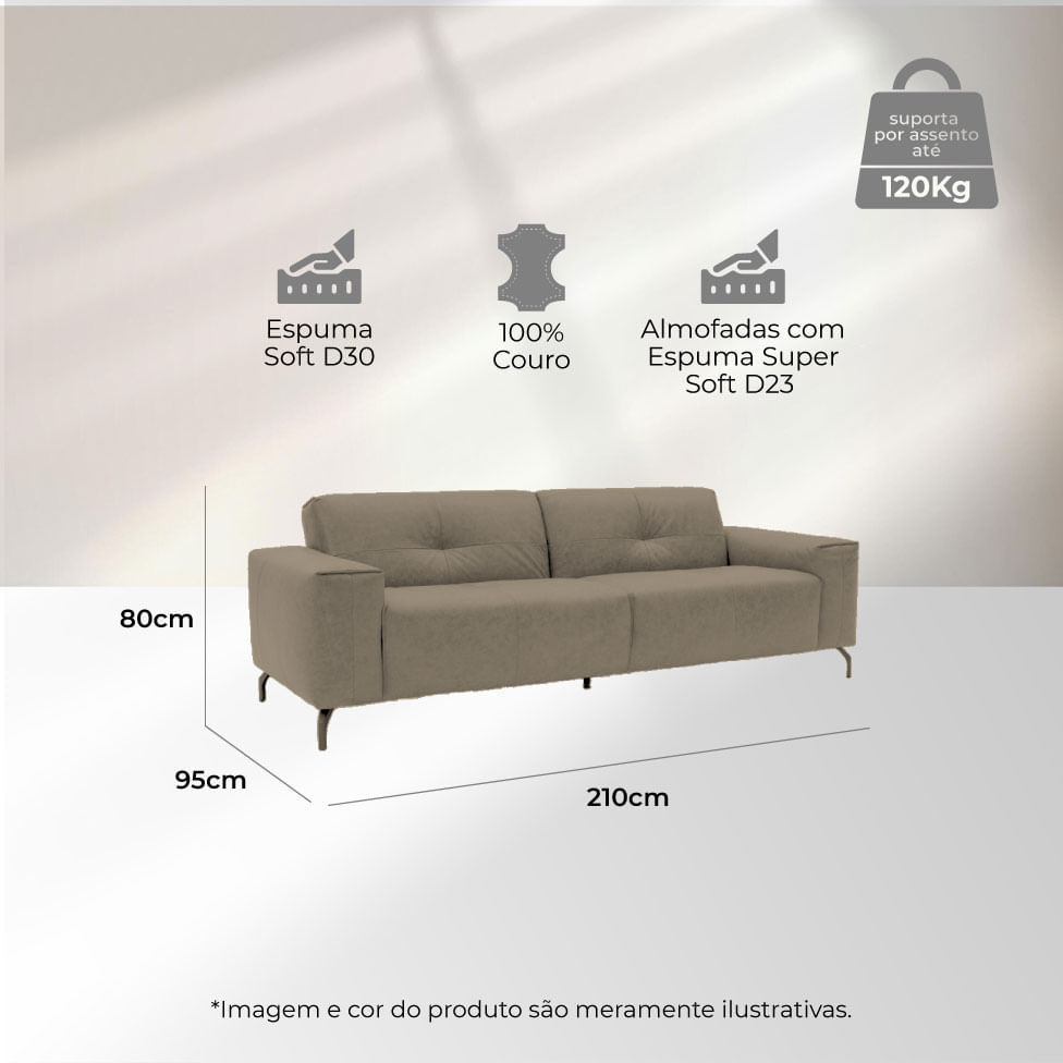 Sofá Santorini em Couro Grano Sandstorm 2,10m - Imagem 7