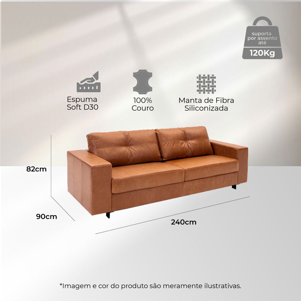 Sofá Domini Living em Couro Estonado Amarula 2,40m - Imagem 5