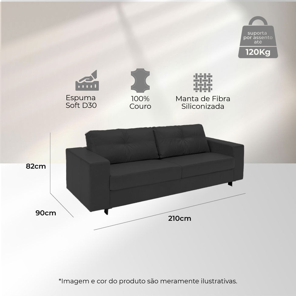 Sofá Domini Living em Couro Sherwood Preto 2,10m - Imagem 5
