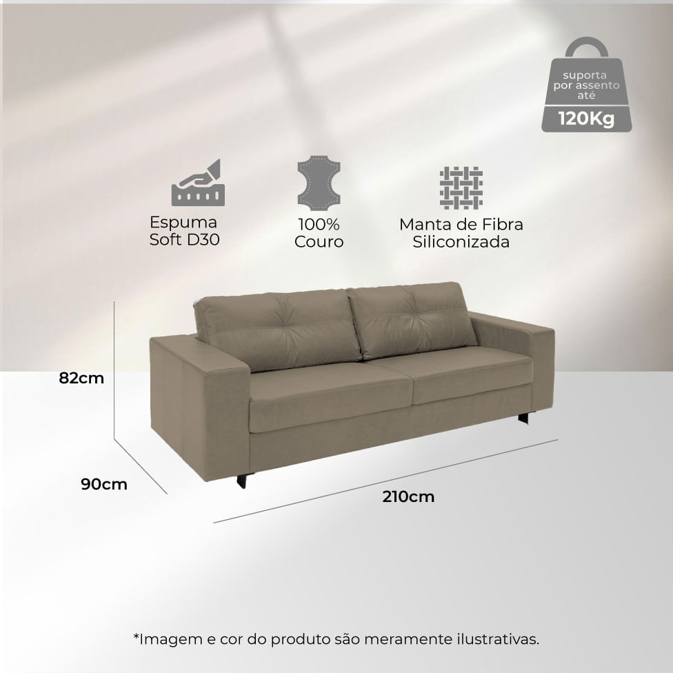 Sofá Domini Living em Couro Grano Sandstorm 2,10m - Imagem 5