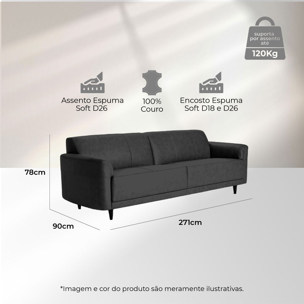 Sofá Living Marbella em Couro Sherwood Preto 2,71m - Imagem 4