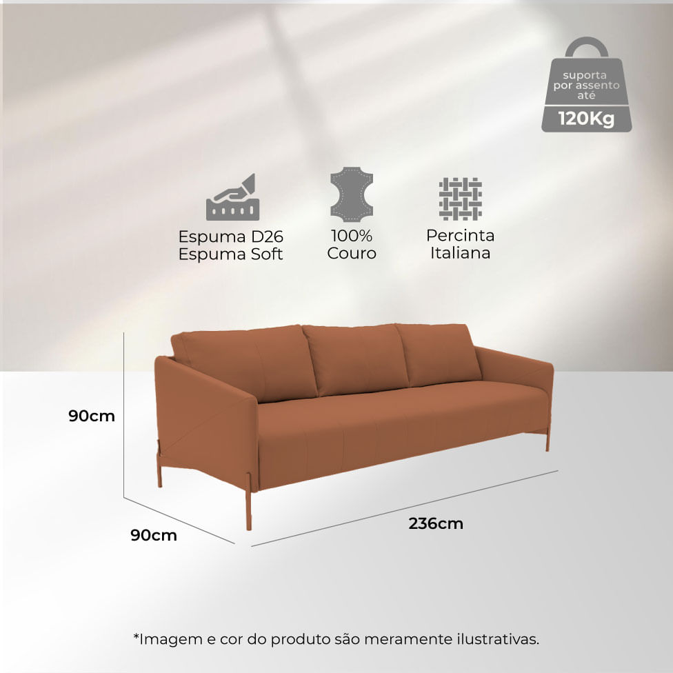 Sofá Santiago em Couro Estonado Amarula 2,36m - Imagem 7