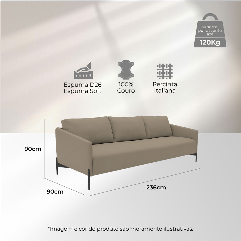 Sofá Santiago em Couro Grano Sandstorm 2,36m - Imagem 7