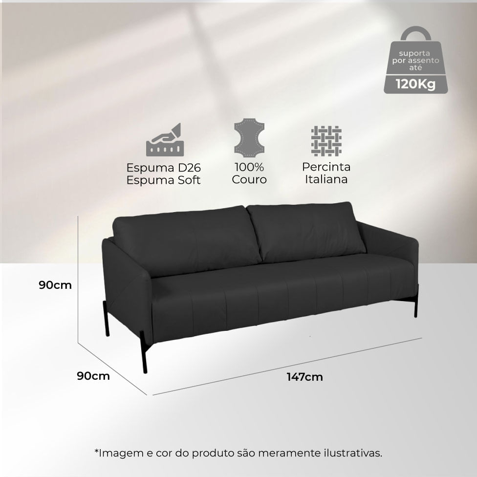 Sofá Santiago em Couro Sherwood Preto 1,47m - Imagem 4