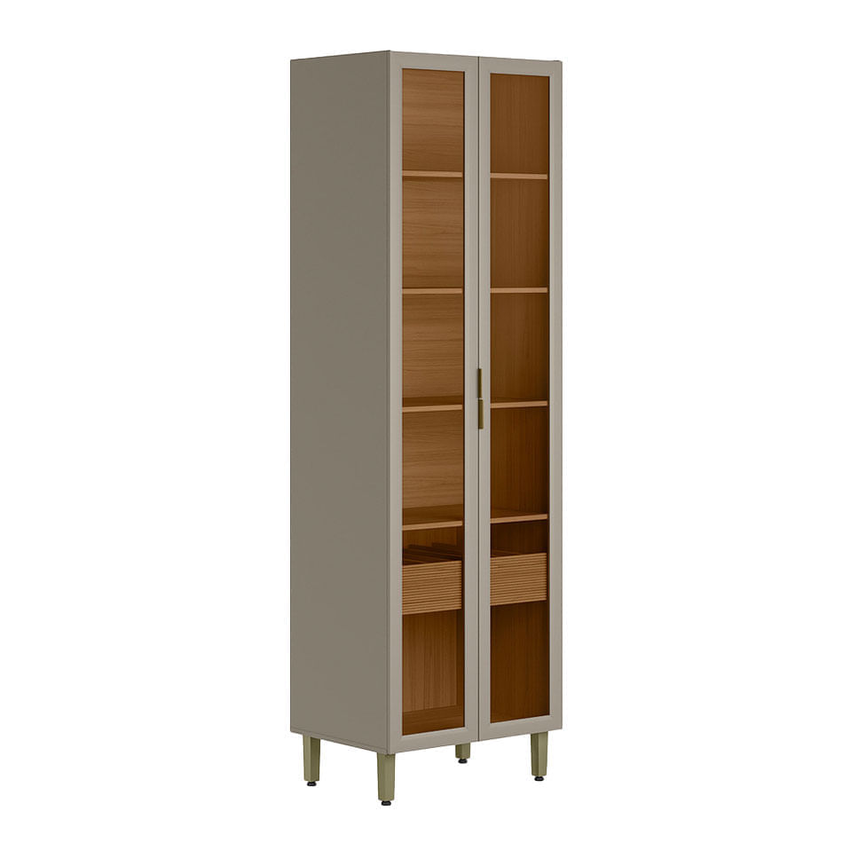 Cristaleira Allure com Led 2 Portas e 1 Gaveta Natural e Cinza