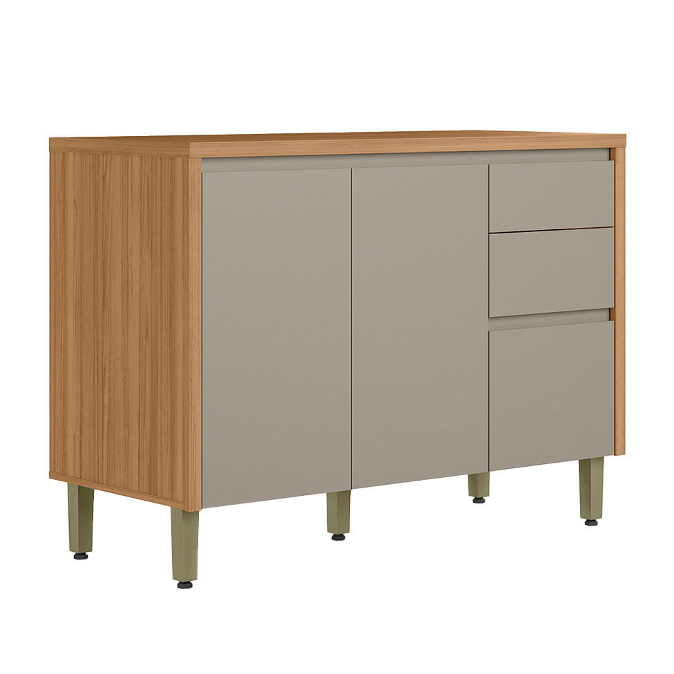 Balcão Allure para Cozinha 2 Portas 3 Gavetas Natural e Cinza 1,20m