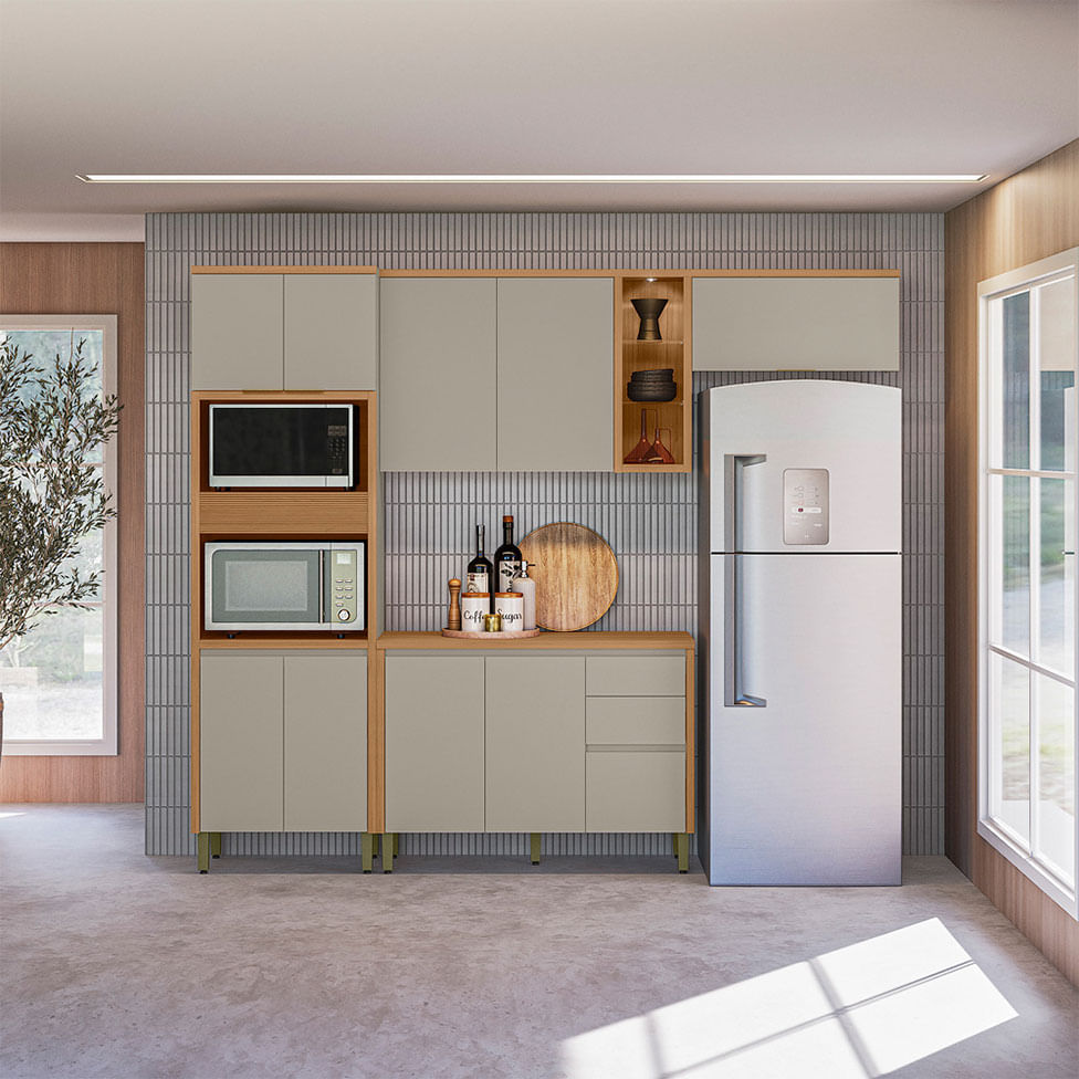 Balcão Allure para Cozinha 2 Portas 3 Gavetas Natural e Cinza 1,20m - Imagem 3