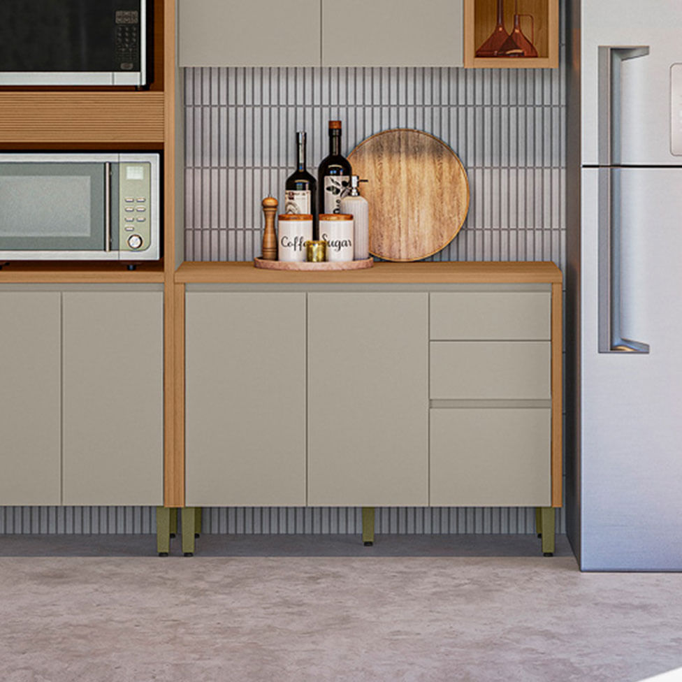 Balcão Allure para Cozinha 2 Portas 3 Gavetas Natural e Cinza 1,20m - Imagem 4