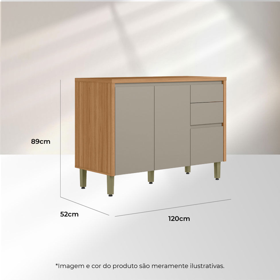 Balcão Allure para Cozinha 2 Portas 3 Gavetas Natural e Cinza 1,20m - Imagem 5