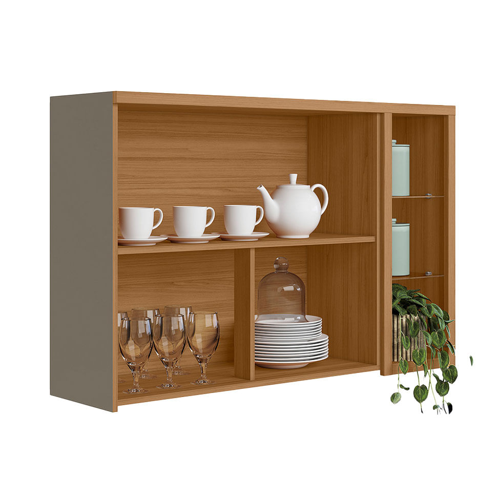 Armário Aéreo Allure para Cozinha 2 Portas e 2 Prateleiras Natural e Cinza 1,20m - Imagem 2