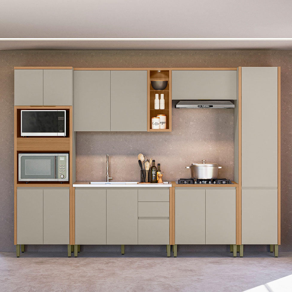 Armário Aéreo Allure para Cozinha 2 Portas e 2 Prateleiras Natural e Cinza 1,20m - Imagem 3