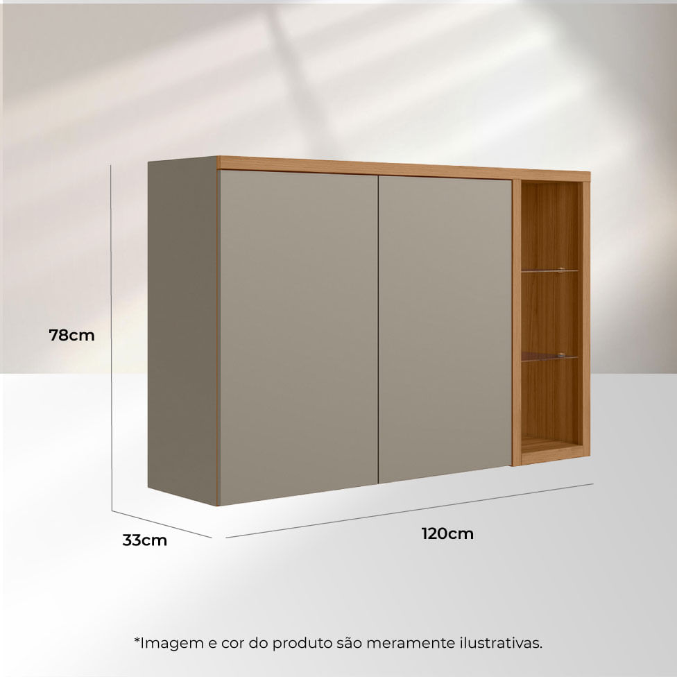 Armário Aéreo Allure para Cozinha 2 Portas e 2 Prateleiras Natural e Cinza 1,20m - Imagem 5