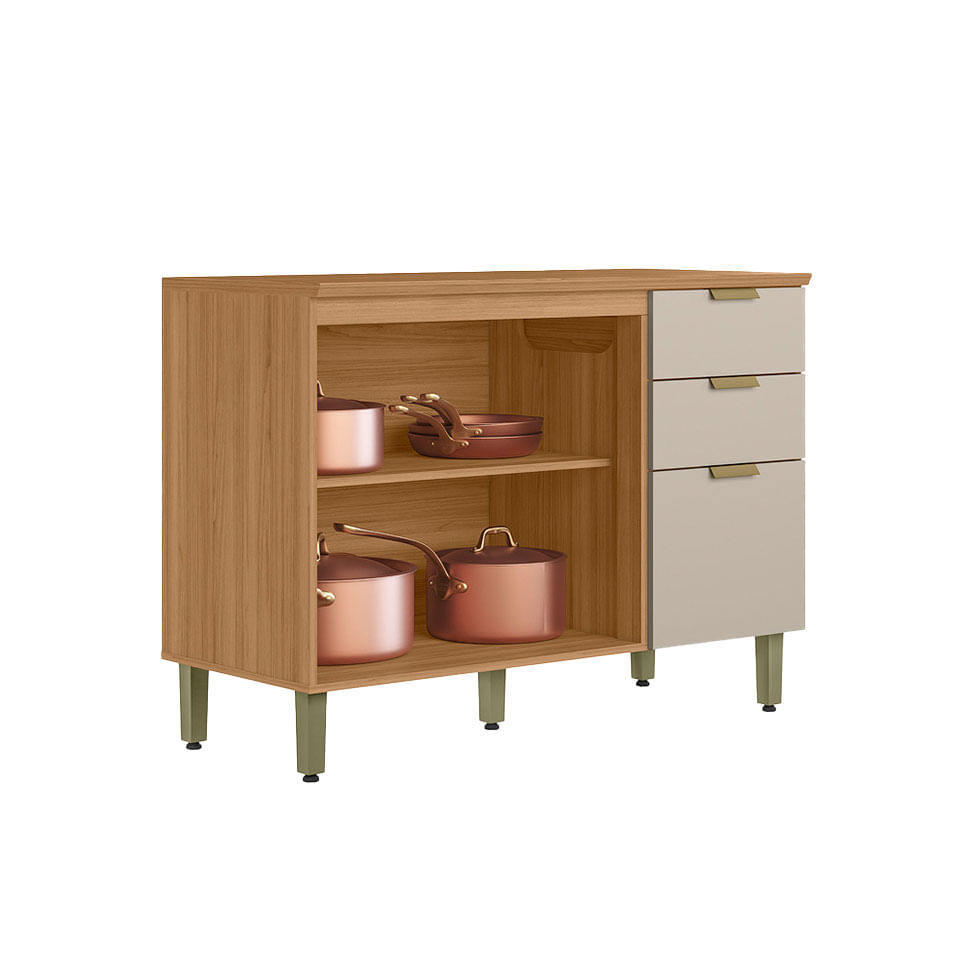Balcão Selene para Cozinha 2 Portas 3 Gavetas Natural e Off White 1,20m - Imagem 2