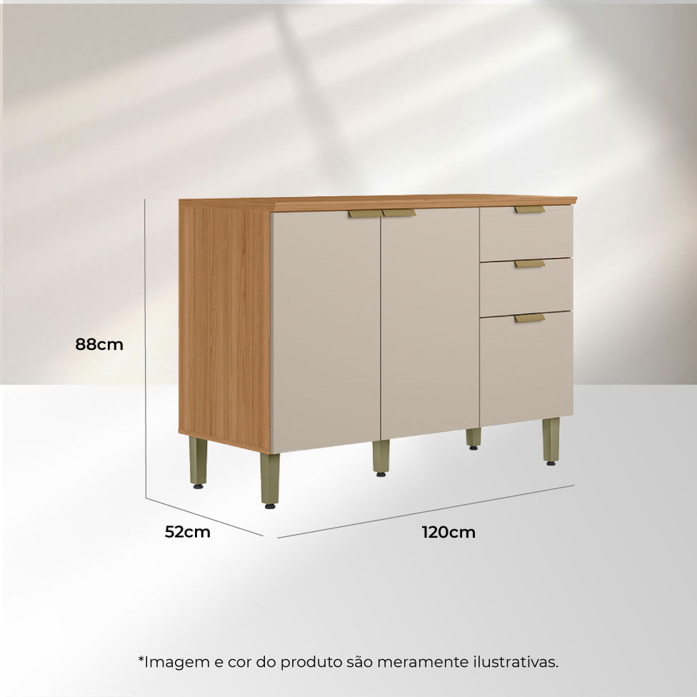 Balcão Selene para Cozinha 2 Portas 3 Gavetas Natural e Off White 1,20m - Imagem 5