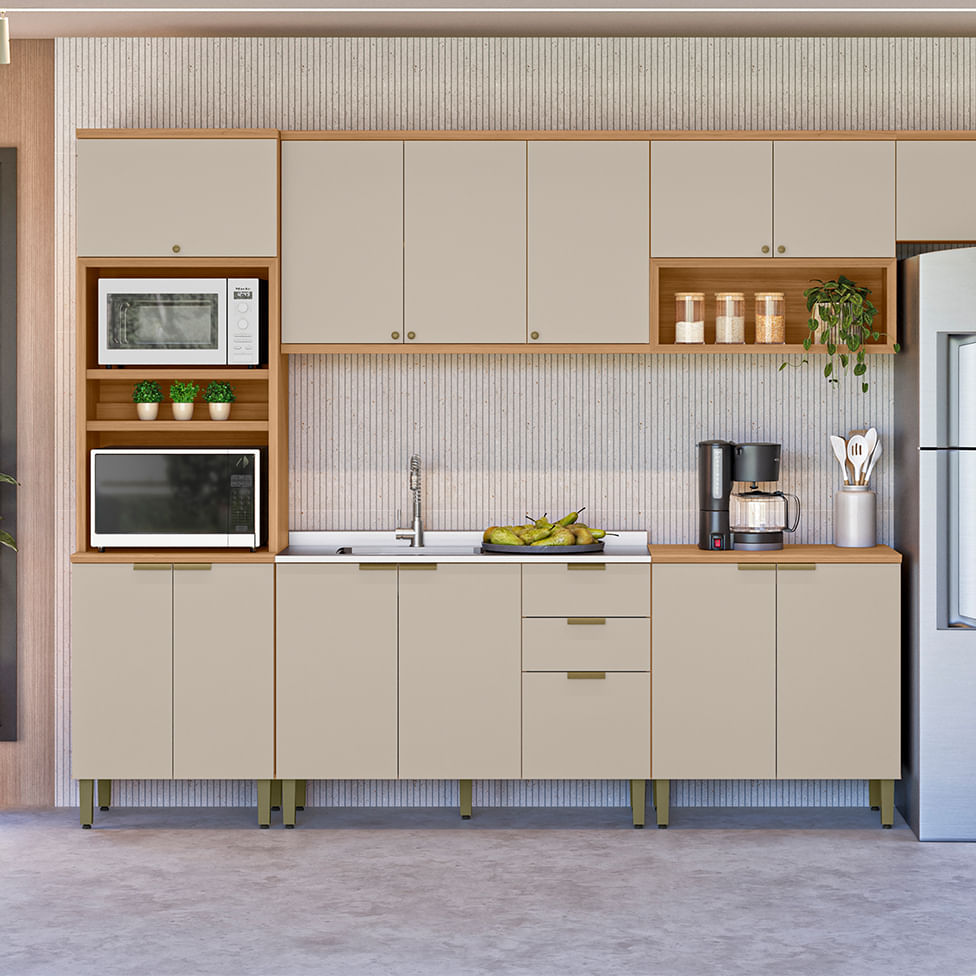 Armário Aéreo Selene para Cozinha 3 Portas Natural e Off White 1,20m - Imagem 3