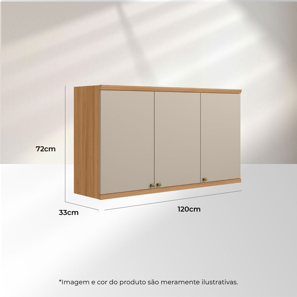 Armário Aéreo Selene para Cozinha 3 Portas Natural e Off White 1,20m - Imagem 5