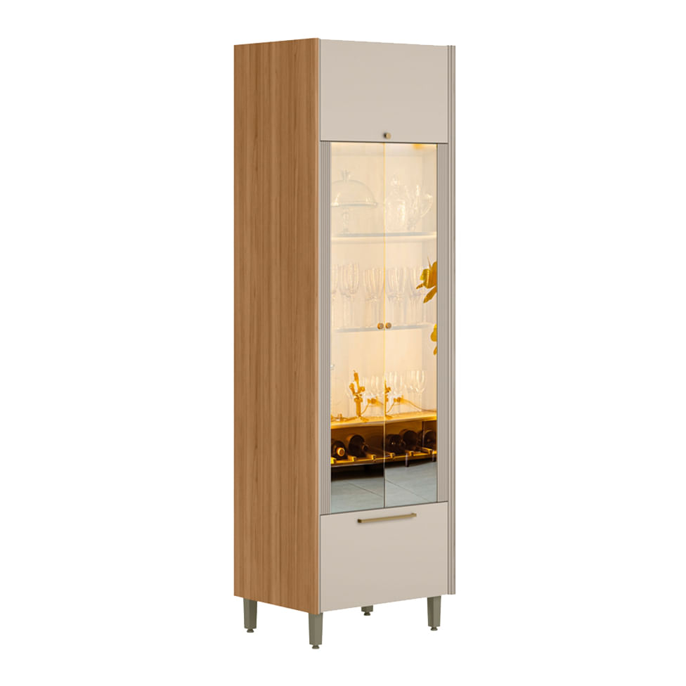 Cristaleira Atena com Led 3 Portas e 1 Gaveta Natural e Off White