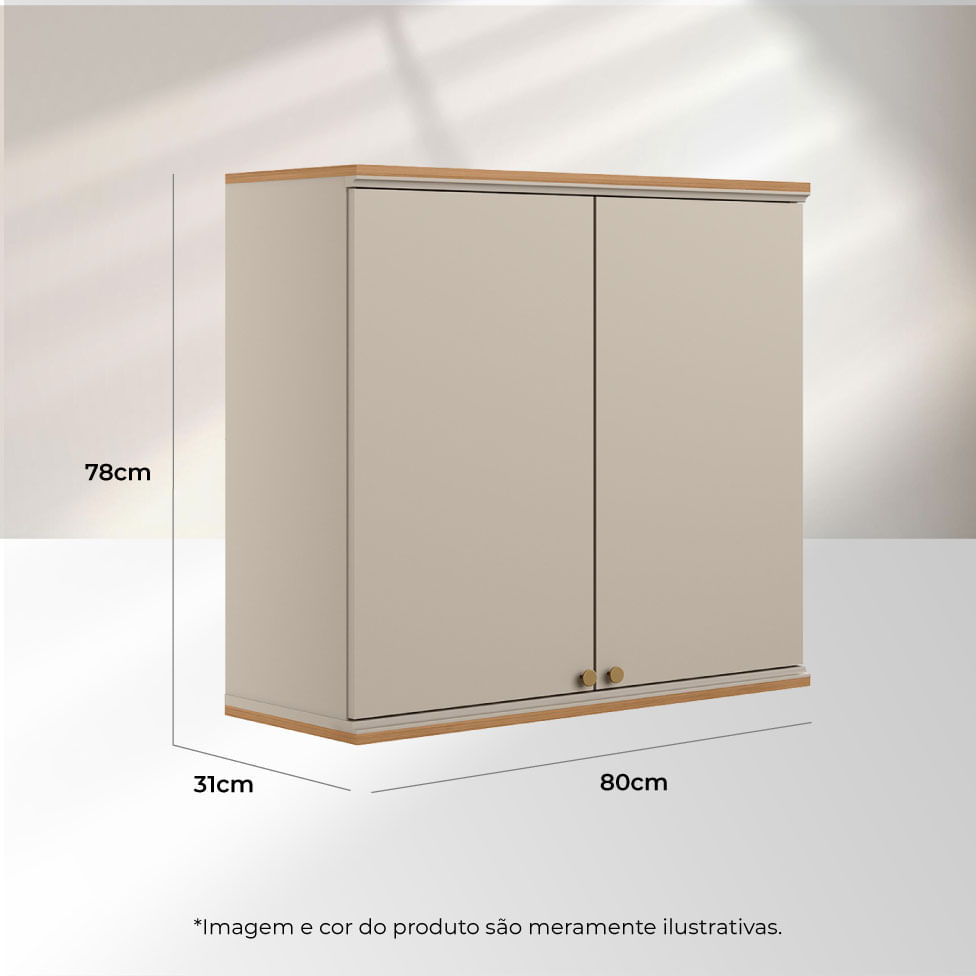 Armário Aéreo Atena para Cozinha 2 Portas Natural e Off White 80cm - Imagem 5