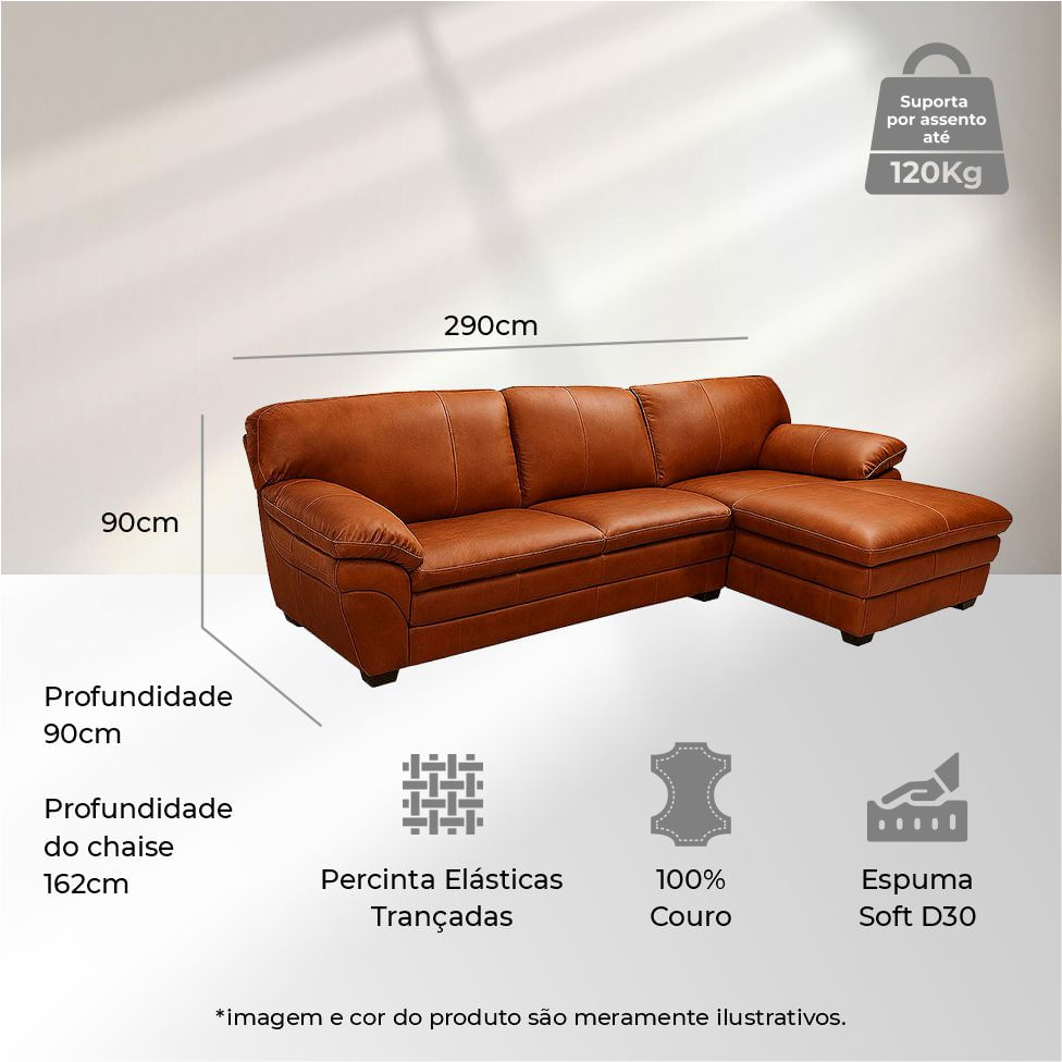 Sofá Gaudi Fixo com Chaise Direita em Couro Conhaque 2,90m - Imagem 3