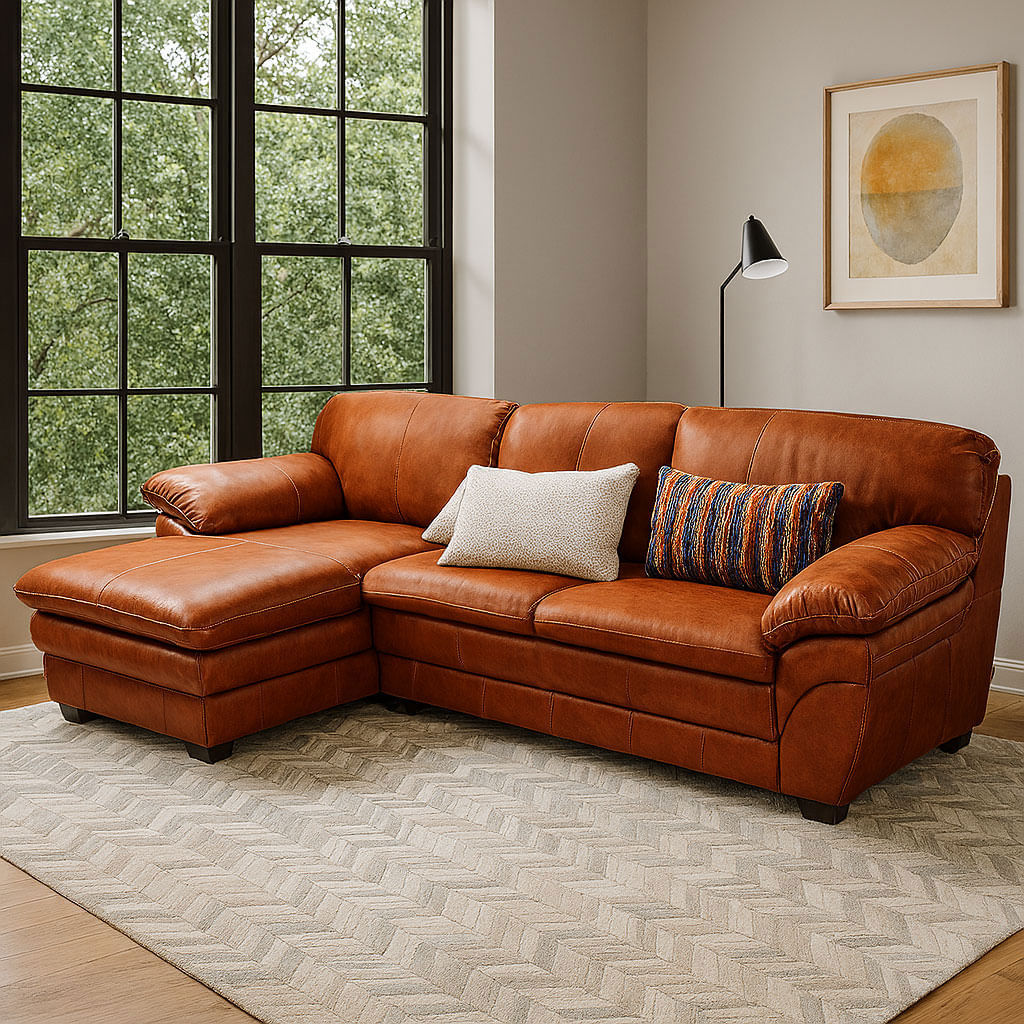 Sofá Gaudi Fixo com Chaise Esquerda em Couro Conhaque 2,90m - Imagem 2