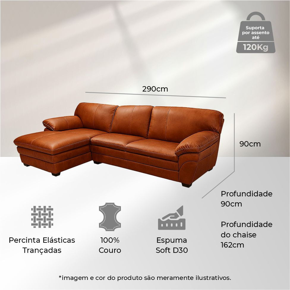 Sofá Gaudi Fixo com Chaise Esquerda em Couro Conhaque 2,90m - Imagem 3