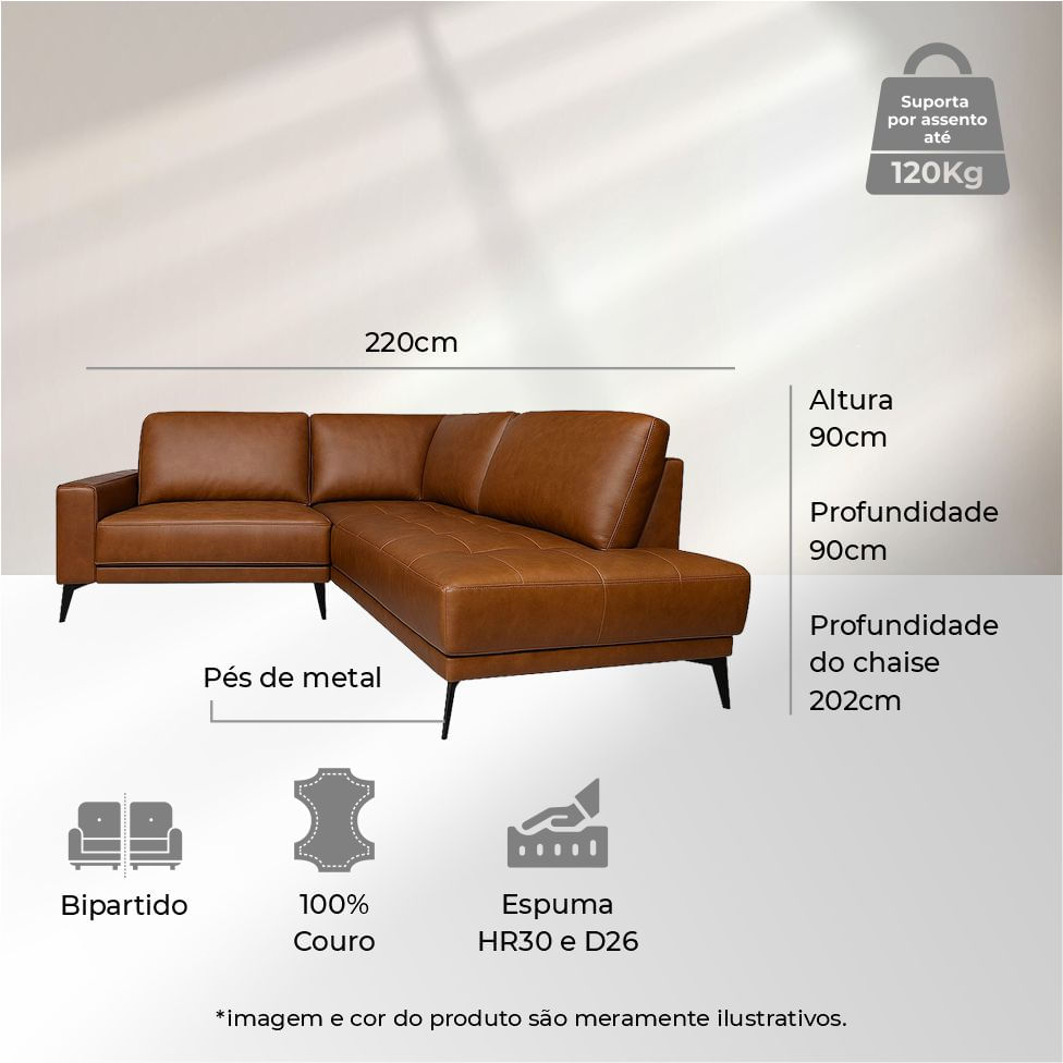 Sofá Rubi com Chaise Direita em Couro Mel 2,20m - Imagem 3