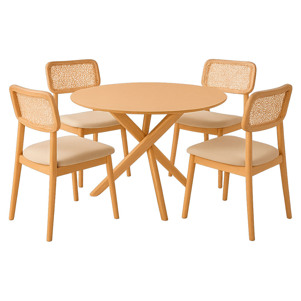 Conjunto Mesa de Jantar Sellenium Redonda 1,20m Mel com 4 Cadeiras Duna Tela Cru