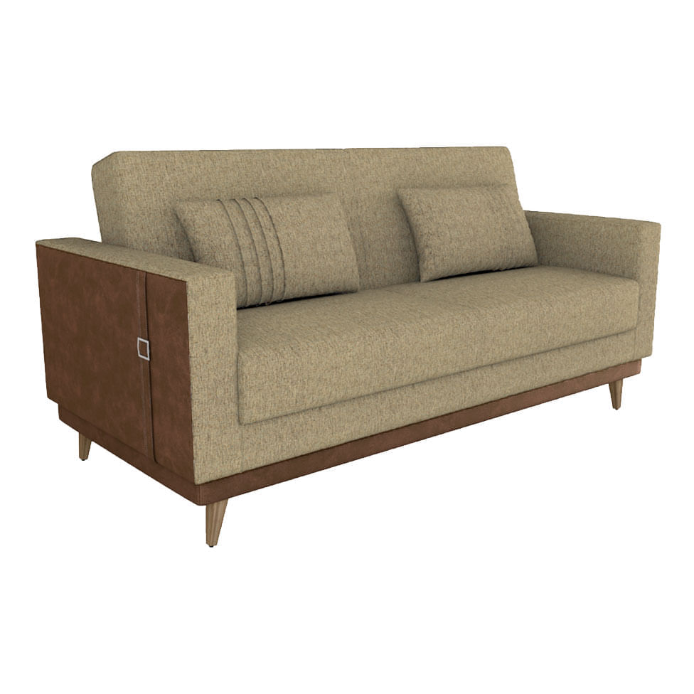 Sofá Cama Esther em Linho Bege e Detalhe Lateral em Corino