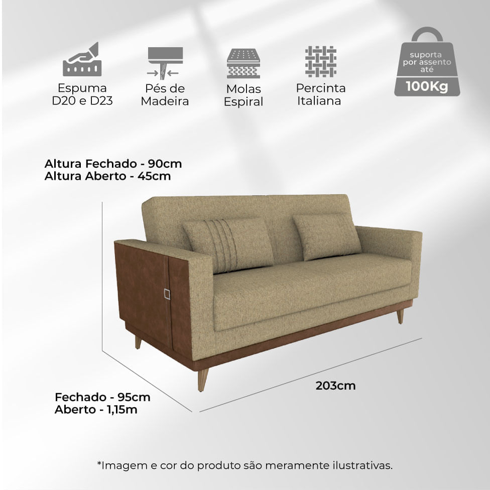 Sofá Cama Esther em Linho Bege e Detalhe Lateral em Corino - Imagem 7