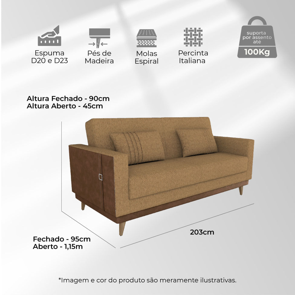 Sofá Cama Esther em Linho Areia e Detalhe Lateral em Corino - Imagem 7