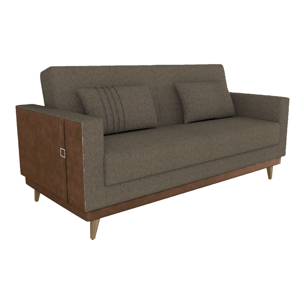 Sofá Cama Esther em Linho Chumbo e Detalhe Lateral em Corino