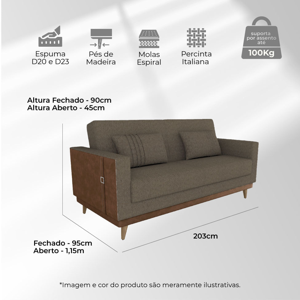 Sofá Cama Esther em Linho Chumbo e Detalhe Lateral em Corino - Imagem 7