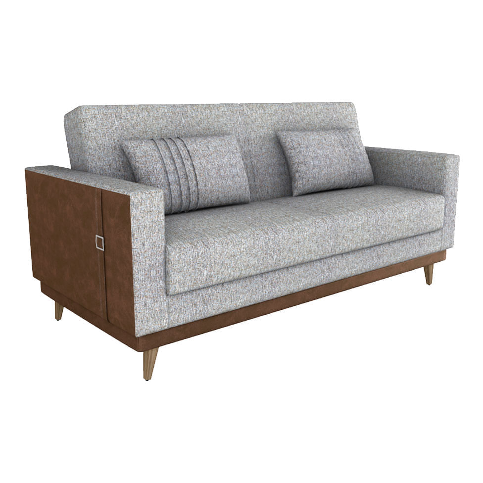 Sofá Cama Esther em Veludo Cinza e Detalhe Lateral em Corino